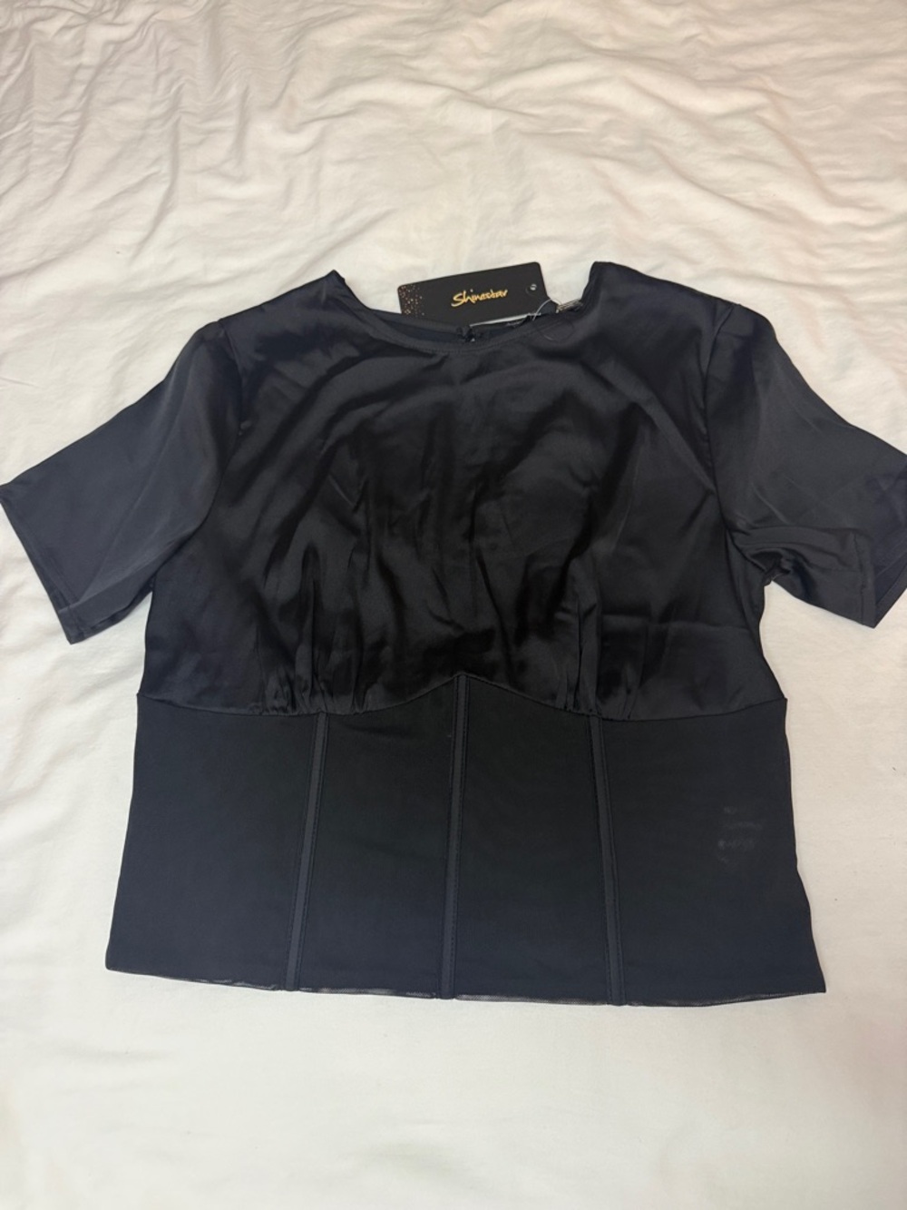Shinestar Black Short Sleeve Structured Waist Blouse